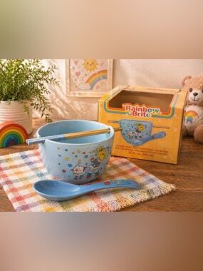 Rainbow Brite Blue Ceramic Bowl Set with Chopsticks & Spoon